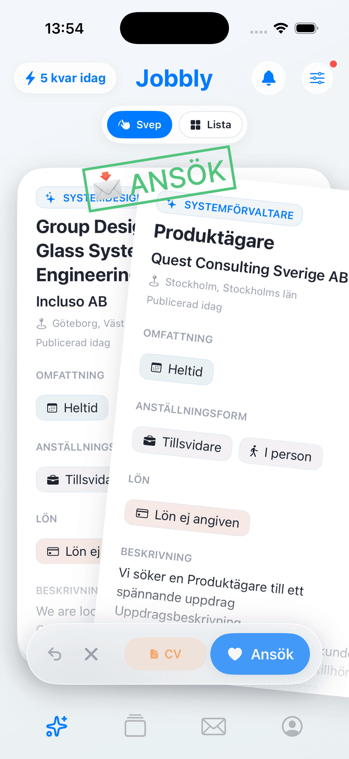 Jobbly on iPhone showing a job card and the apply button